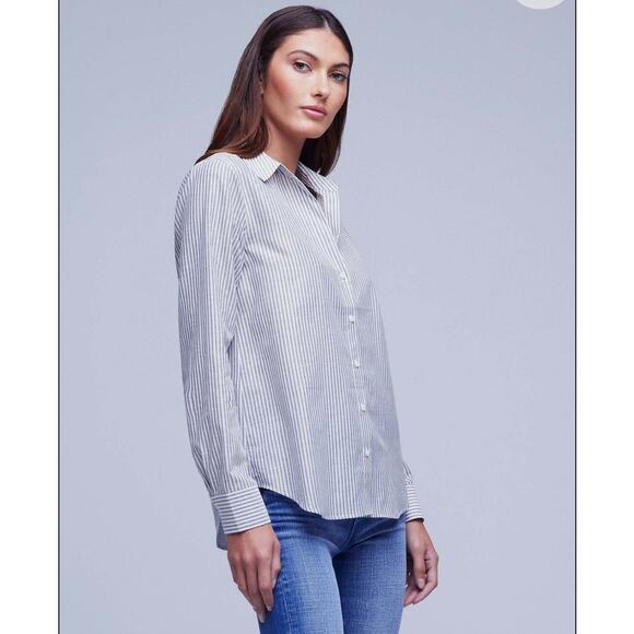 L'AGENCE Laurent Metallic‎ Button Up Blouse Ivory Blue Gold Stripes Womens Sz XS - Picture 3 of 13